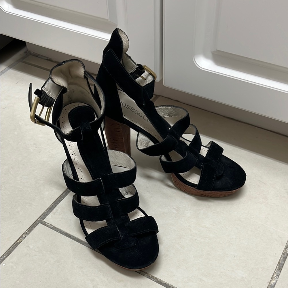 Rosegold Suede Platform Strappy Open Toe Sandal Heels | Size 6.5